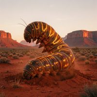 Mythlok - Yeperenye Yeperenye, an ancestral caterpillar emerging from red desert earth at dawn