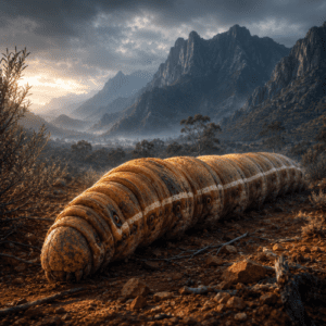 Yeperenye, an ancestral caterpillar emerging from red desert earth at dawn