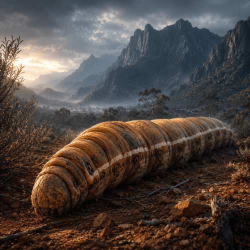 Yeperenye, an ancestral caterpillar emerging from red desert earth at dawn