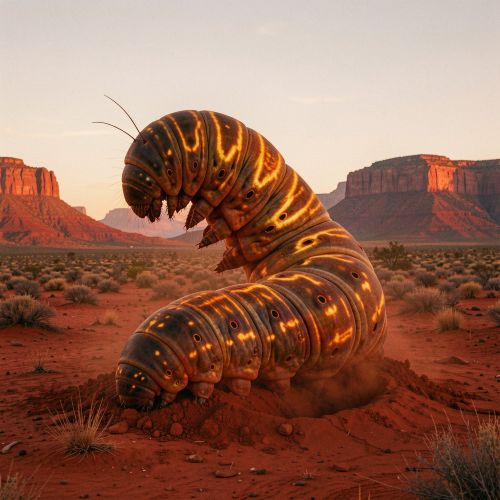 Yeperenye, an ancestral caterpillar emerging from red desert earth at dawn