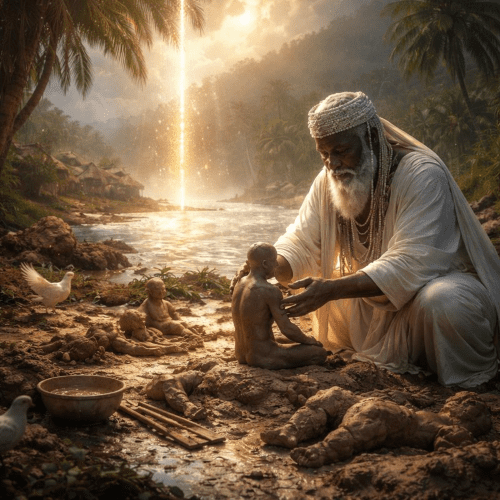 Obatala, the Yoruba creator deity, dressed in flowing white robes, sculpting human figures from wet clay beside primordial waters in the Yoruba Creation Story