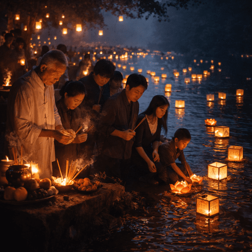 night scene of the Zhongyuan Festival in ancient China