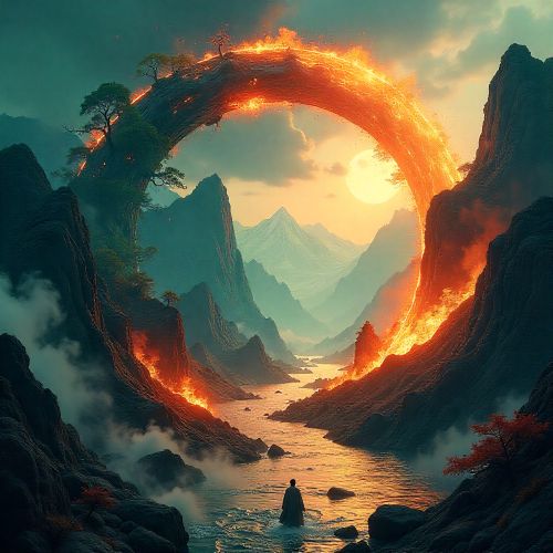 the wuxing philosophy, depicting Wood, Fire, Earth, Metal, and Water as interconnected elemental forces