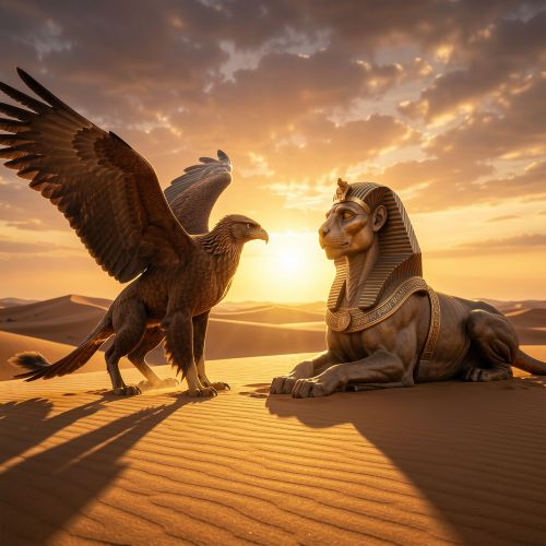 a Griffin vs Sphinx facing each other at dawn in a vast desert plateau.
