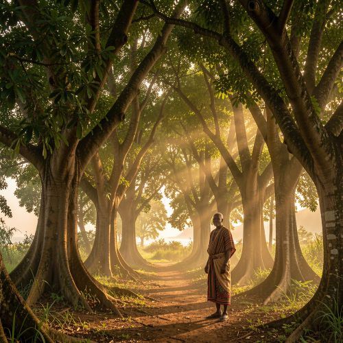 forest scene in coastal Kenya, dense green Kaya canopy with filtered golden sunlight