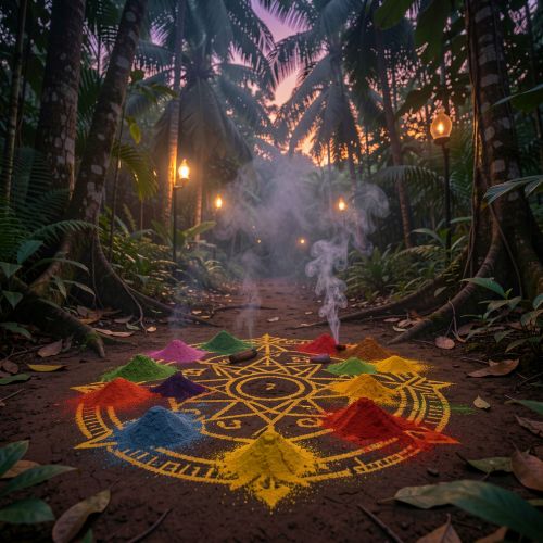 Kerala Occult traditions at twilight, featuring a sacred forest grove with ancient trees, serpent motifs carved into stone, oil lamps glowing softly