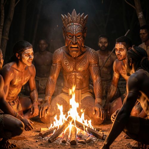 Mukanda initiation ritual set in a dense Central African forest at dusk.