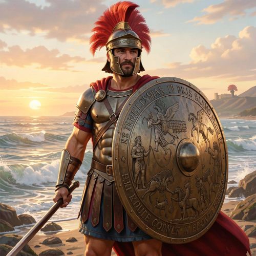 Aeneas from the Aeneid standing on a windswept Italian shoreline at dawn