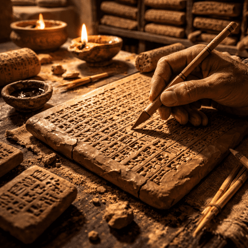 carefully pressing wedge-shaped Akkadian cuneiform signs into a clay tablet with a reed stylus