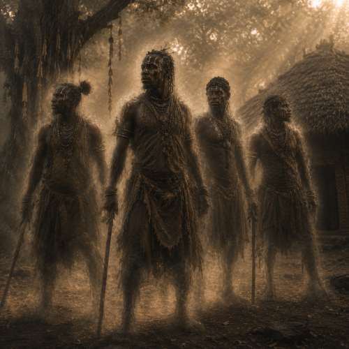 Four Amayembe spirits standing together in a misty Bugandan forest with softly diffused, ethereal forms.
