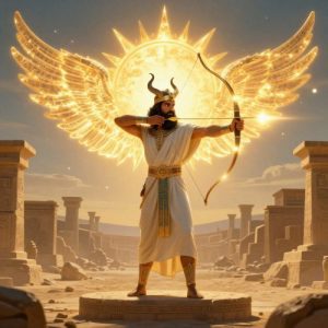 Ashur, the Assyrian supreme god, emerging from a glowing winged sun disc