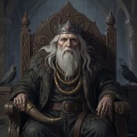 Aun the Old, ancient Norse king seated on a carved wooden throne in Old Uppsala