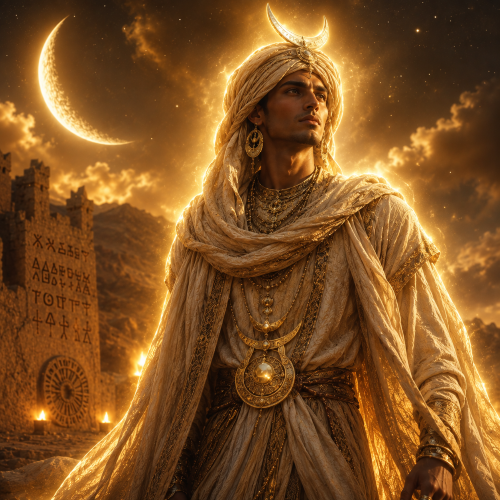 Ayyur, the Amazigh moon god, standing beneath a vast Sahara night sky