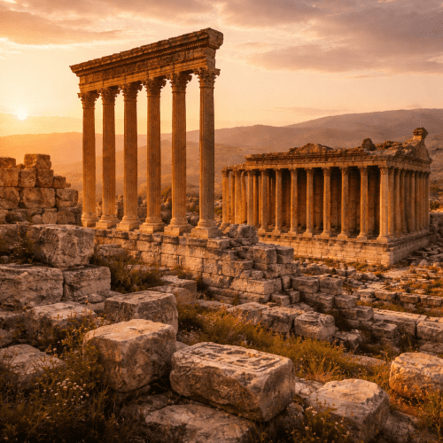 Temples of Baalbek in Lebanon, towering Roman columns at golden hour