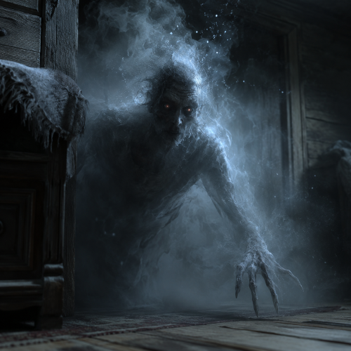 Baubas, the shadowy Lithuanian household spirit, emerging from darkness with a semi-formed body dissolving into swirling mist inside a traditional wooden home.