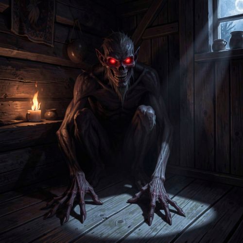 Baubas from Lithuanian folklore, a shadowy humanoid spirit emerging from a dark corner of a traditional wooden Baltic home
