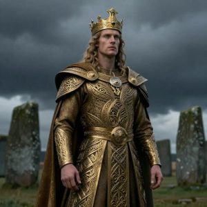 Bres from Irish tradition, depicted as a tall, flawless humanoid king with luminous skin and noble features
