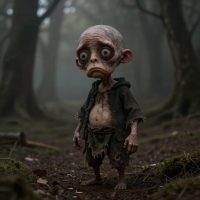 Bugul Noz, Breton night spirit, small distorted humanoid figure with exaggerated asymmetrical face,