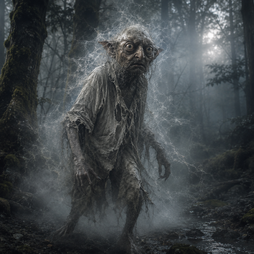 Bugul Noz, Breton night spirit, small distorted humanoid figure with exaggerated asymmetrical face,