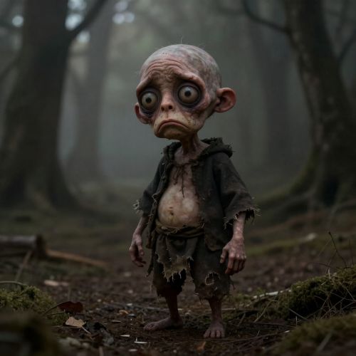 Bugul Noz, Breton night spirit, small distorted humanoid figure with exaggerated asymmetrical face,