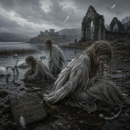 our white swans trapped in a violent storm representing the Children of Lir