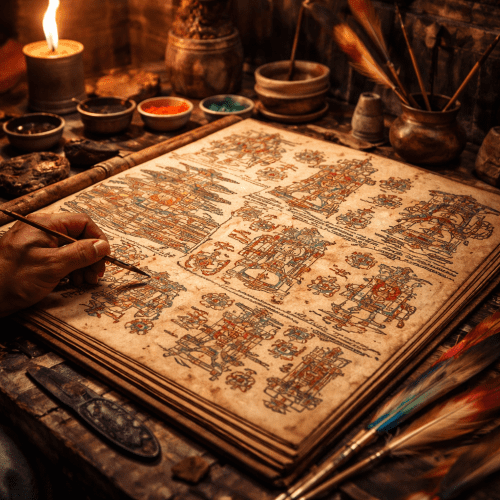 Aztec tlacuilo seated in a calmecac, painting a Classical Nahuatl codex on amatl paper