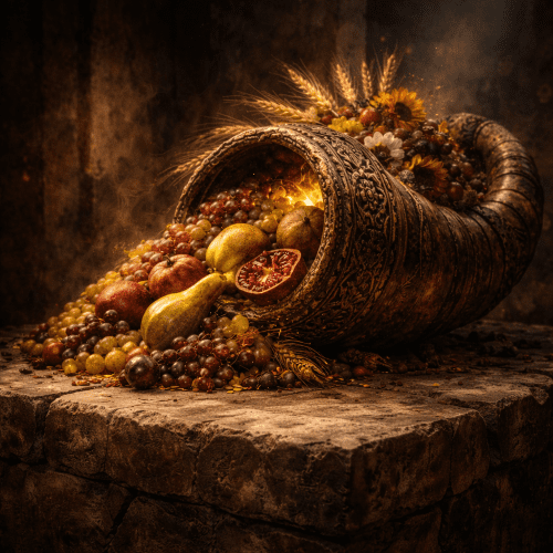 Cornucopia resting on a cracked stone altar inside a dim ancient sanctuary