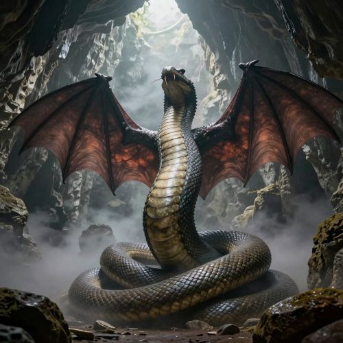 Cuélebre emerging from a mist-filled cave in northern Spain