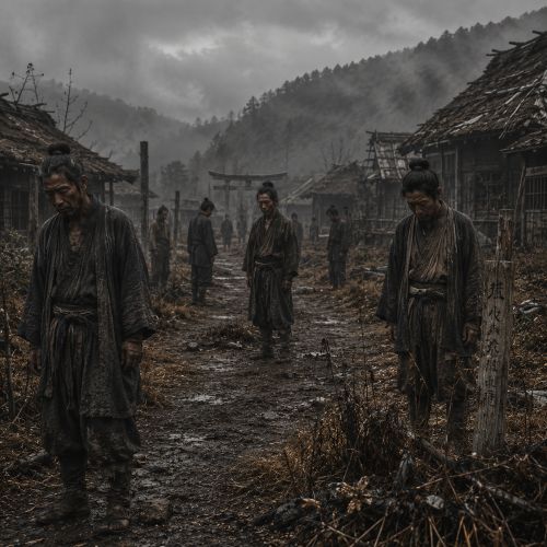 Curse on the People of Izumo showing a small group of villagers and travelers frozen mid-journey on a forest path, fear and confusion visible on their faces