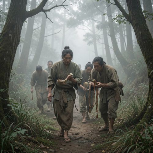 Curse on the People of Izumo showing a small group of villagers and travelers frozen mid-journey on a forest path, fear and confusion visible on their faces, some clutching prayer beads and offerings