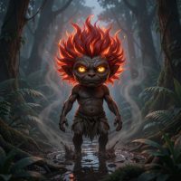 Curupira standing deep inside the Amazon rainforest at dusk