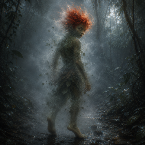 Curupira standing deep inside the Amazon rainforest at dusk