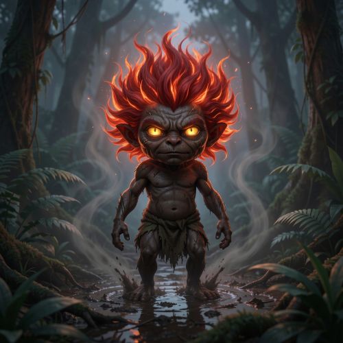 Curupira standing deep inside the Amazon rainforest at dusk