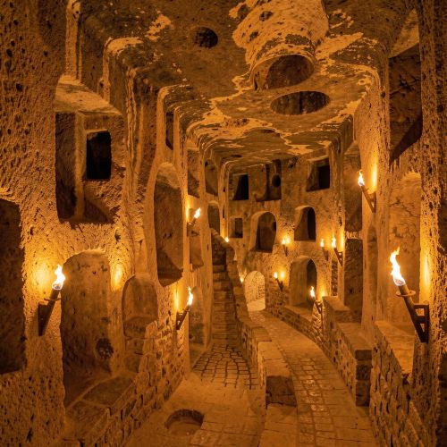 Derinkuyu Underground City interior, vast subterranean chambers carved into volcanic tuff, narrow stone corridors lit by soft torchlight