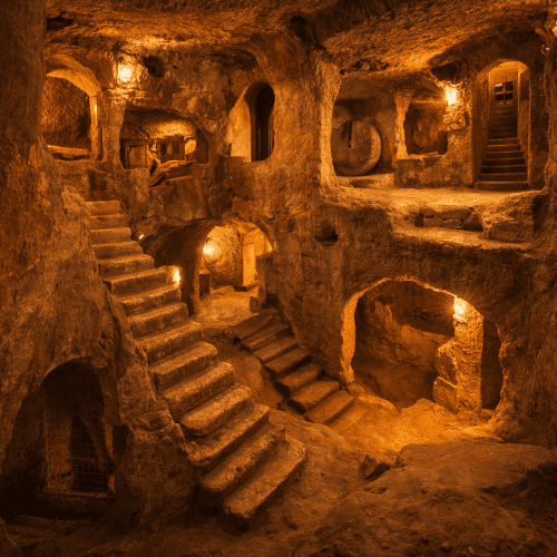 Derinkuyu Underground City interior, vast subterranean chambers carved into volcanic tuff, narrow stone corridors lit by soft torchlight