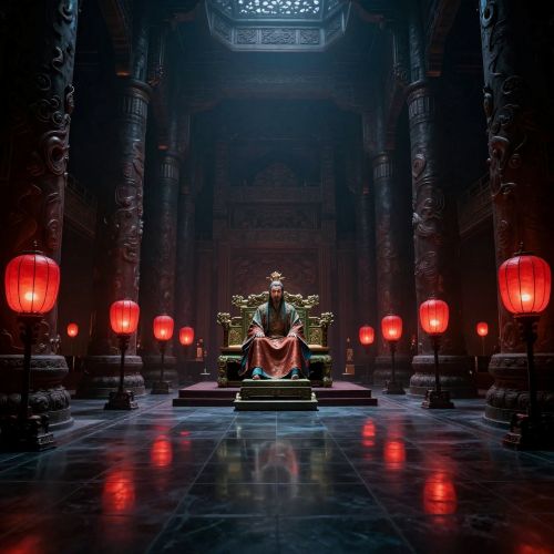 Diyu, the Chinese underworld, vast subterranean imperial court carved into dark stone