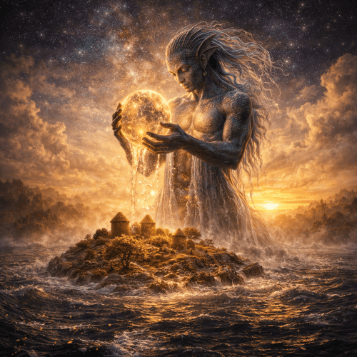 Dogon creation story showing a luminous cosmic egg spiraling open in deep space, radiating symbols and elemental forces