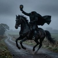 Dullahan from Irish folklore, a headless rider on a muscular black horse