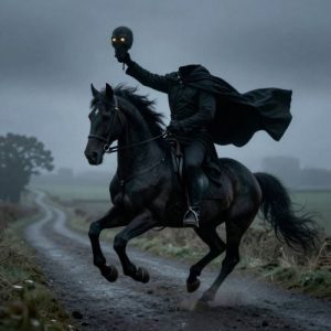 Dullahan from Irish folklore, a headless rider on a muscular black horse