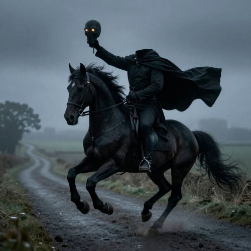 Dullahan from Irish folklore, a headless rider on a muscular black horse
