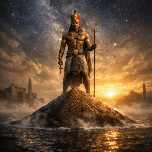Atum standing upon the Benben mound emerging from dark primordial waters
