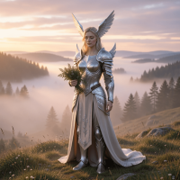 Eir, Norse goddess of healing, standing on a mist-covered hill resembling Lyfjaberg