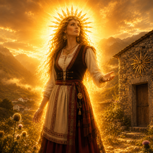Ekhi, the Basque sun goddess, emerging from the earth at dawn