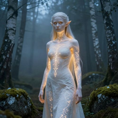 a luminous Norse Elf standing in a mist-covered Nordic forest at twilight