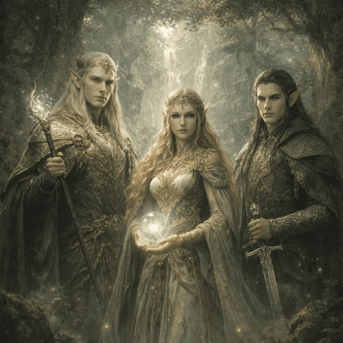 Elves standing in a mist-covered Nordic forest at twilight