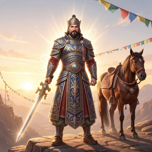 The Epic of King Gesar of Ling standing on a windswept Tibetan plateau at dawn