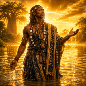 Faro from Bambara tradition, portrayed as an androgynous water deity standing at the banks of the Niger River