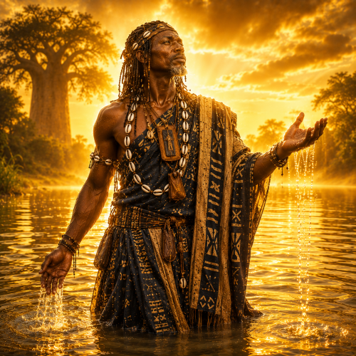 Faro from Bambara tradition, portrayed as an androgynous water deity standing at the banks of the Niger River