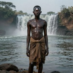 Faro from Bambara tradition, portrayed as an androgynous water deity standing at the banks of the Niger River