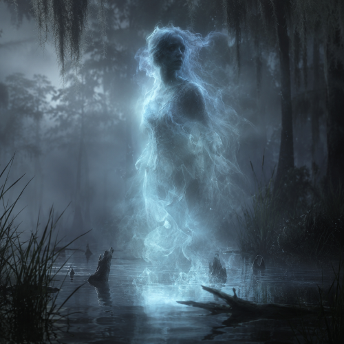 Semi-transparent Feu-Follet spirit emerging through mist in a foggy Louisiana bayou.